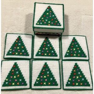 (6) Vintage Handmade Christmas Tree Coasters Yarn & Plastic Canvas Needlework
